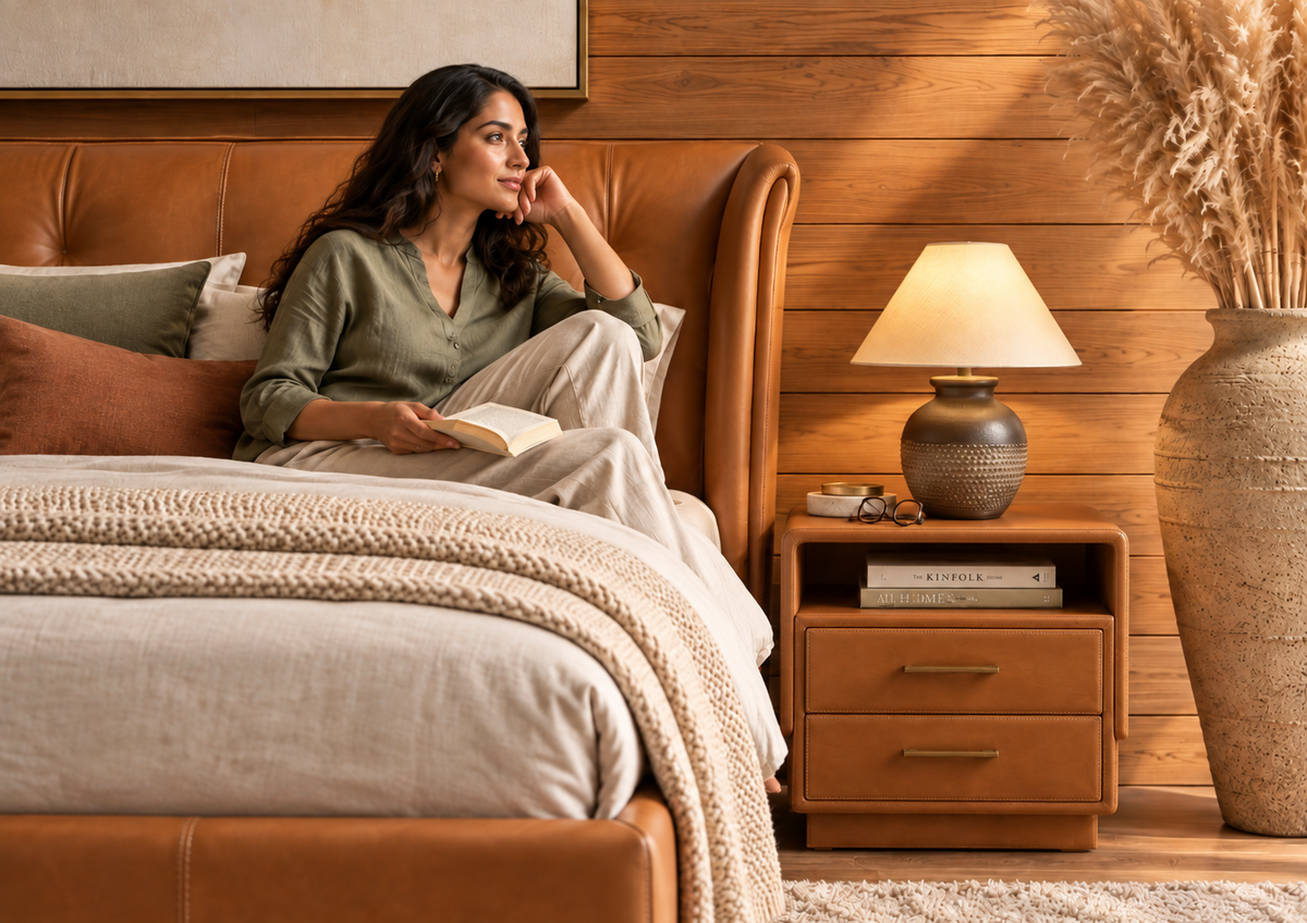 Close-up of Alba cognac leather bed with matching leather nightstand and bedside lamp