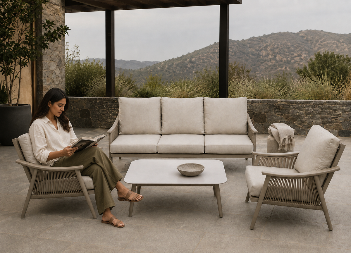 Allu Rope Lounge Set with an Indian woman in the Aravalli Stone Courtyard
