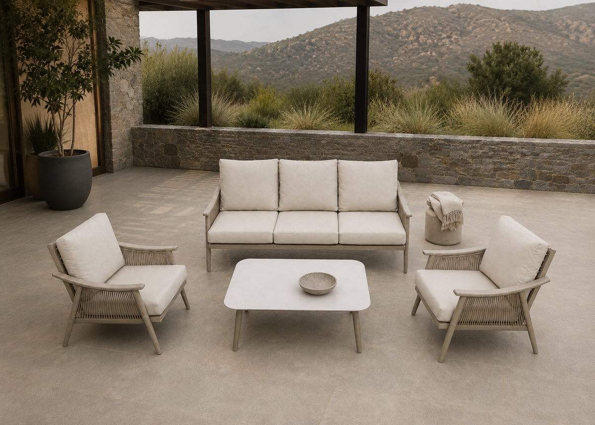 Allu Rope Lounge Set top front view in the Aravalli Stone Courtyard