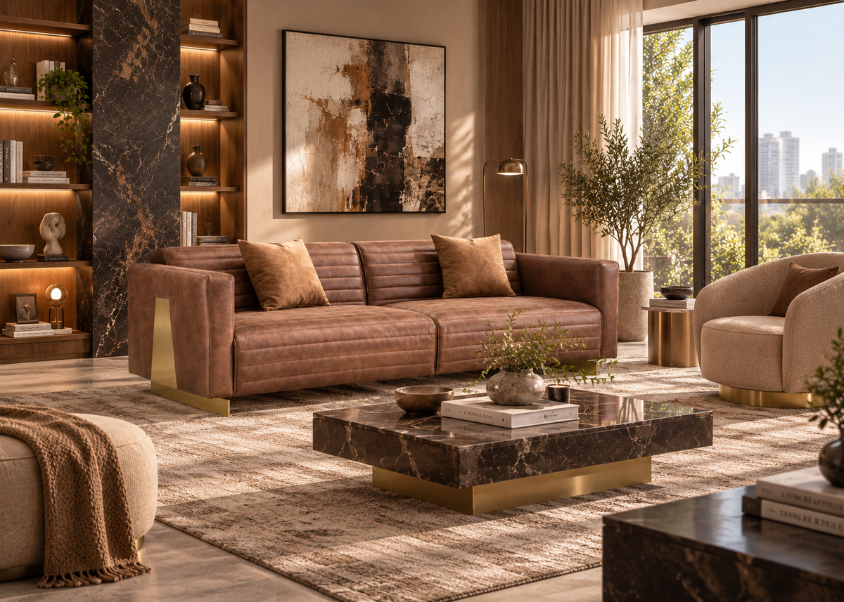 Ardena 4 seater vegan leather sofa in a complete luxury living room with marble coffee table and warm wood details