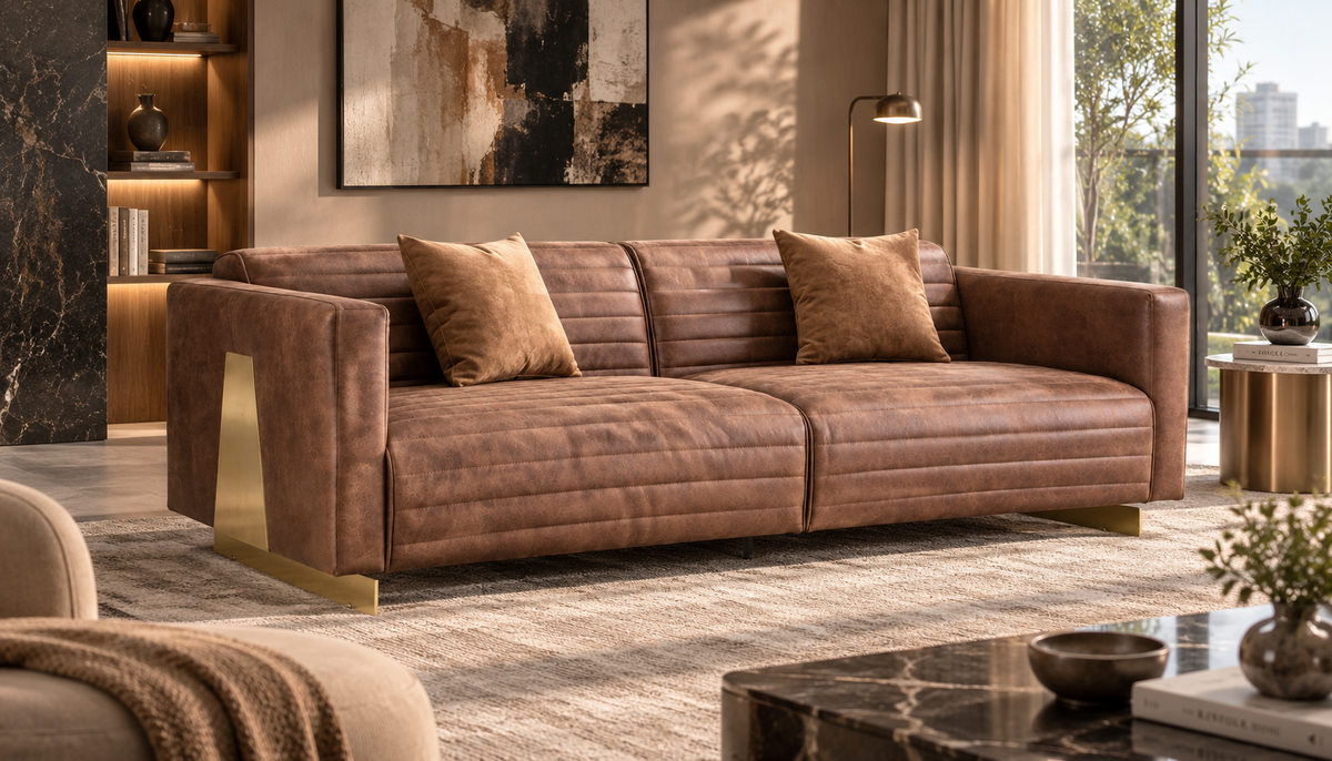 Ardena 4 seater vegan leather sofa in warm brown with channel stitching and brass base accents