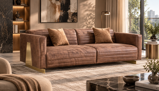 Ardena 4 seater vegan leather sofa in warm brown with channel stitching and brass base accents
