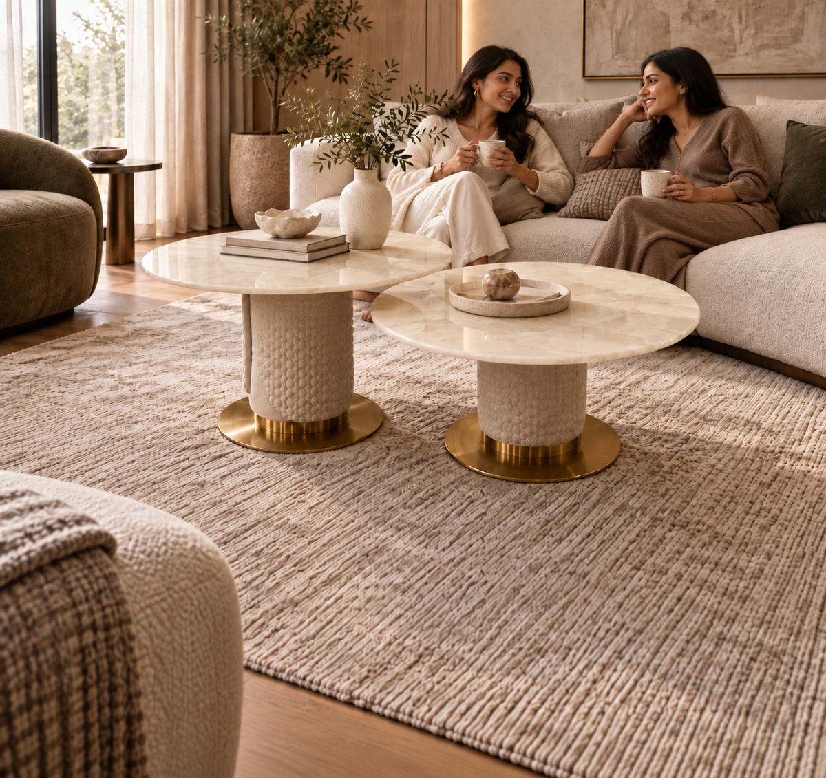Aurelia crystal onyx coffee table set styled with two women in a luxury living room