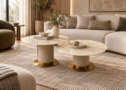Aurelia crystal onyx coffee table set in a warm luxury living room