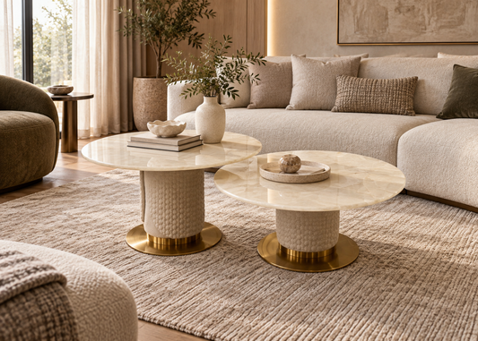 Aurelia crystal onyx coffee table set in a warm luxury living room