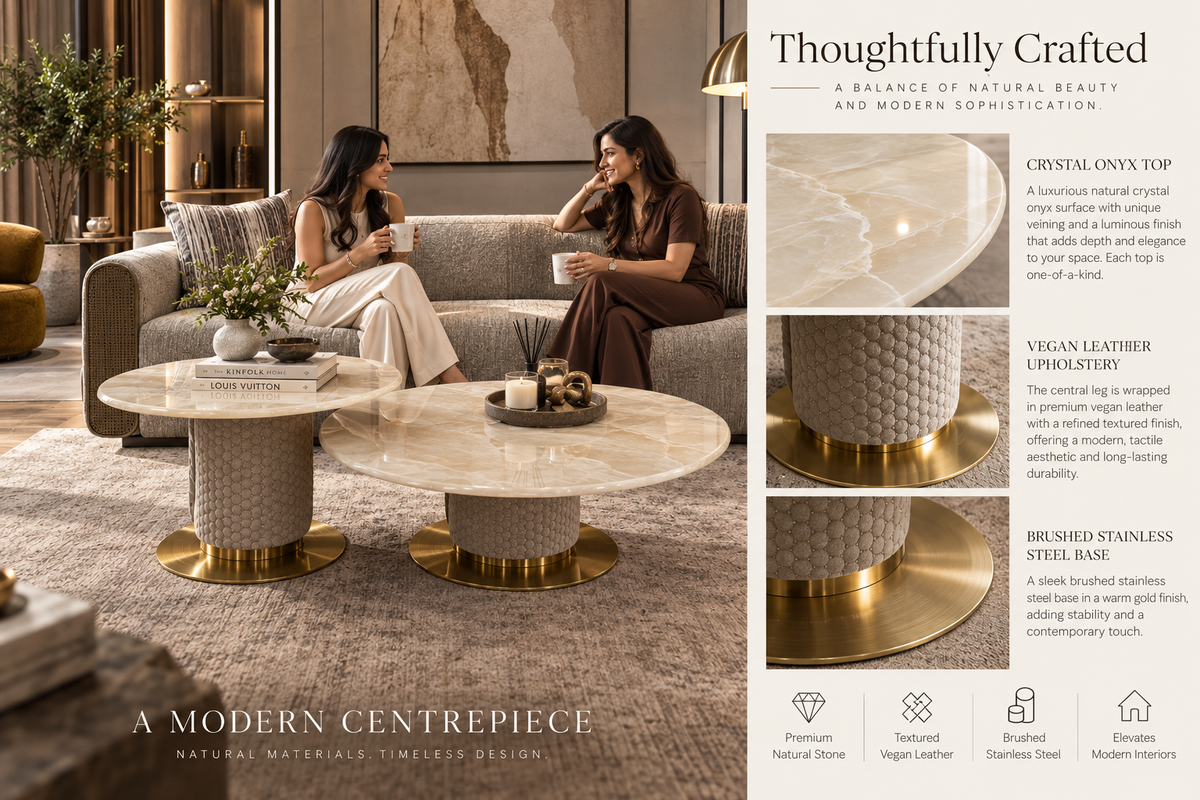Aurelia coffee table material details with crystal onyx top, vegan leather upholstered legs and brushed stainless steel base