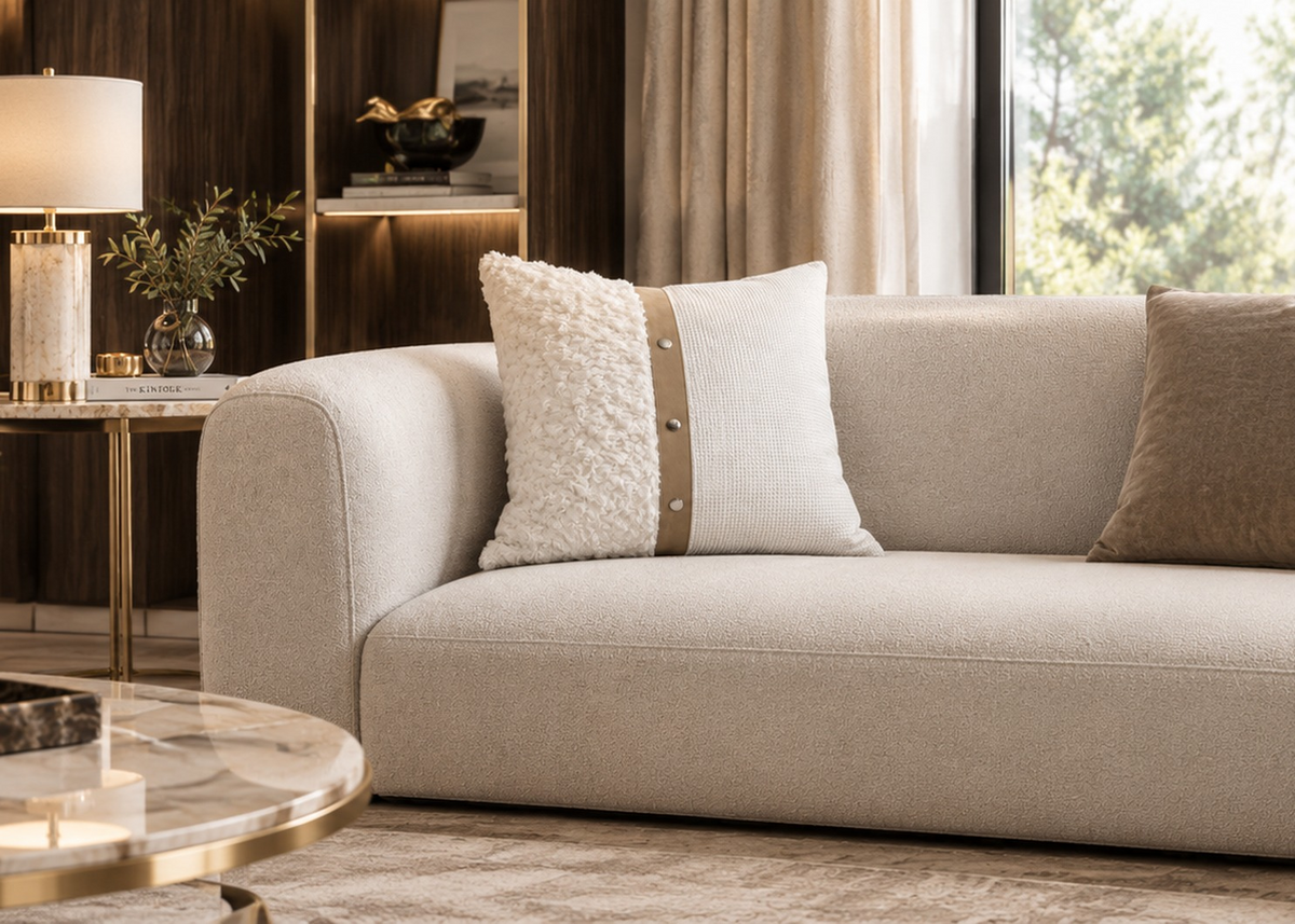 Aurelia Tailored Cushion styled on a cream sofa in a warm luxury living room