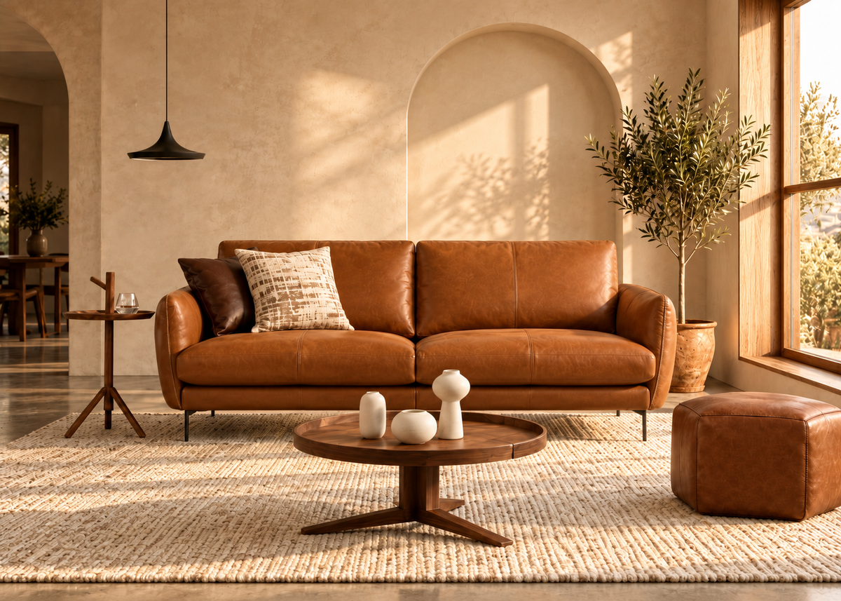 Aurelio cognac full-grain leather 3-seater sofa, ivory contrast stitching, rounded arms and slim dark legs, in a luxury living room