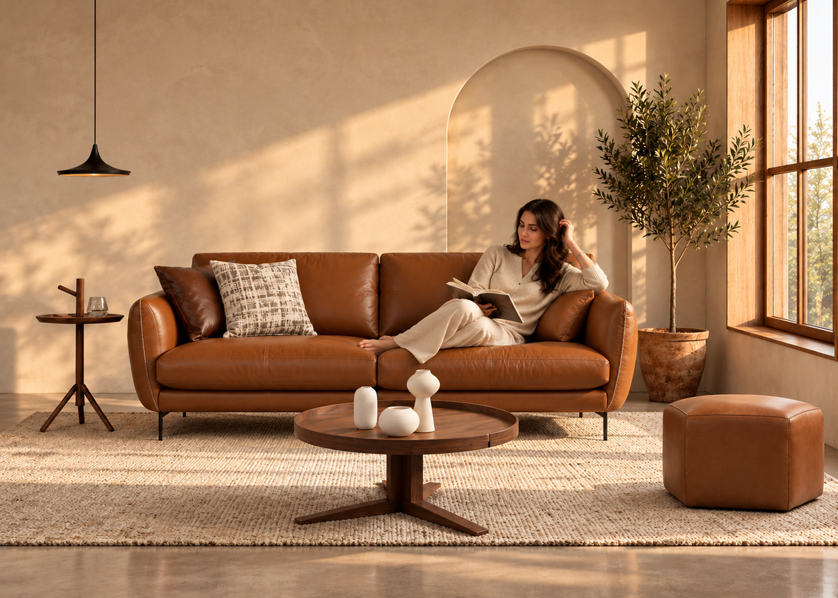 Woman relaxing on Aurelio 3-seater cognac full-grain leather sofa, styled in a sunlit luxury living room