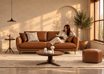 Woman relaxing on Aurelio 3-seater cognac full-grain leather sofa, styled in a sunlit luxury living room