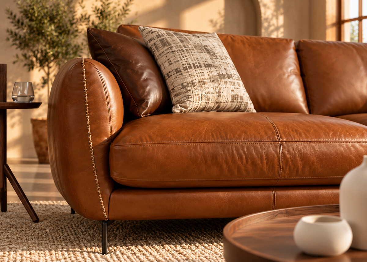 Aurelio 3-seater sofa close-up showing cognac full-grain leather texture and fine ivory contrast stitching on rounded armrest