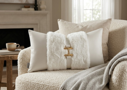 Aveline Buckle Cushion in ivory with plush central texture, smooth side panels and gold-tone buckle detail