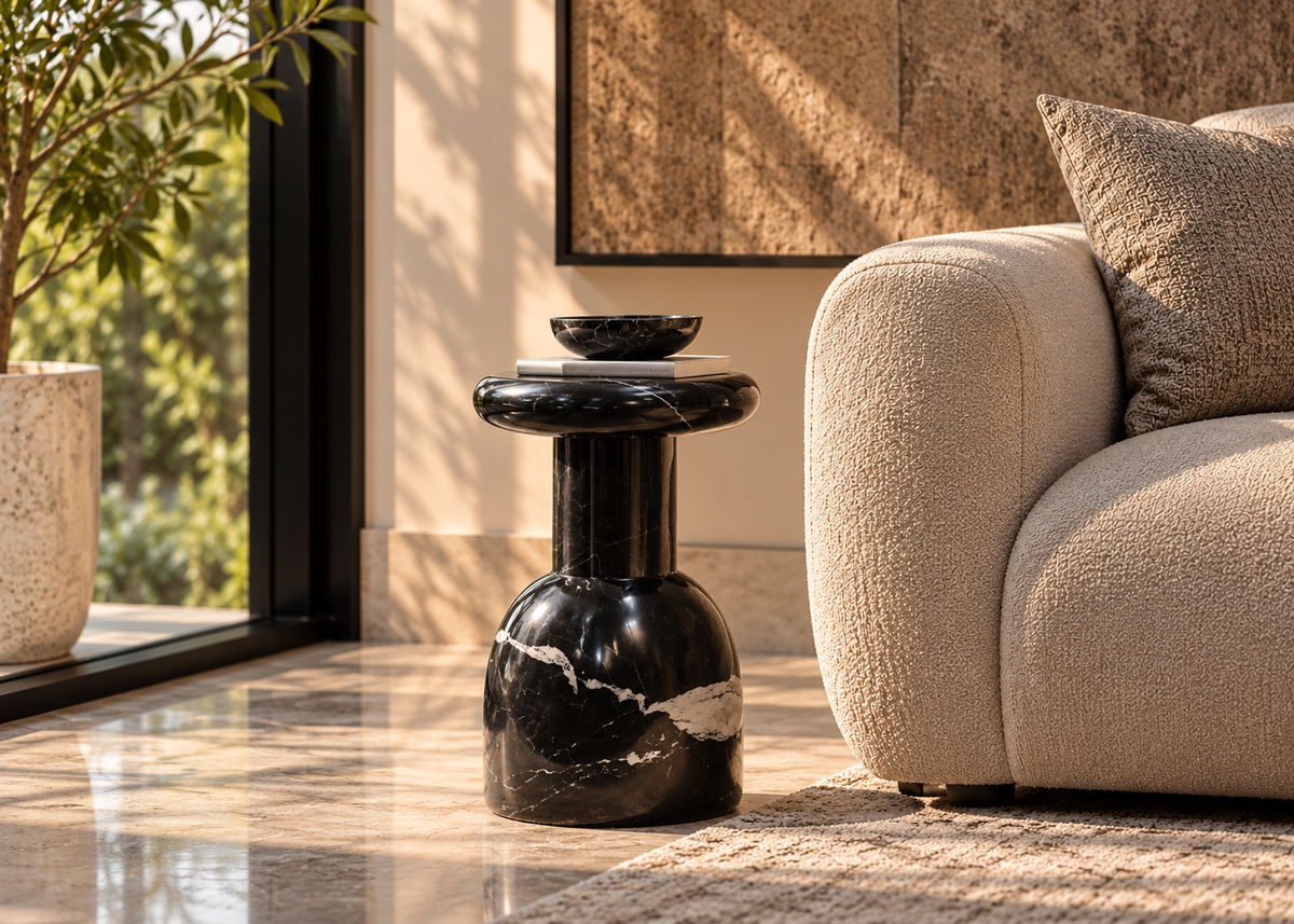 Nero Vaso compact polished black marble side table with white veins, slim stem and rounded base next to cream sofa in warm modern living room