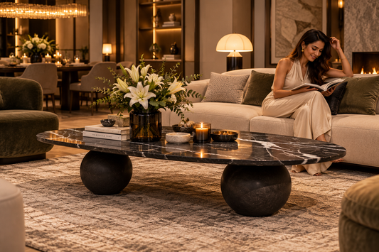 Noir Orbita sculptural black marble centre table with white veining and two spherical pedestal supports in luxury living room