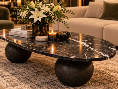 Close-up of Noir Orbita glossy black marble-look oval coffee tabletop featuring ivory white natural-style veining