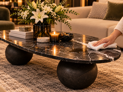 Illustrative close-up of soft cloth cleaning a small spill from Noir Orbita marble-style centre table