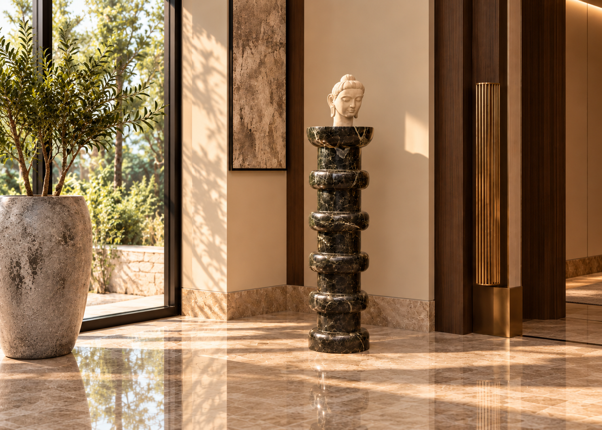 Wide cover photograph of Noir Ritmo tall black veined marble sculptural pedestal displaying cream stone Buddha bust in luxurious sunny foyer