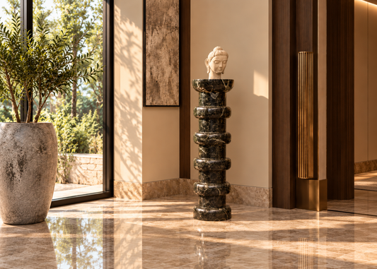 Wide cover photograph of Noir Ritmo tall black veined marble sculptural pedestal displaying cream stone Buddha bust in luxurious sunny foyer