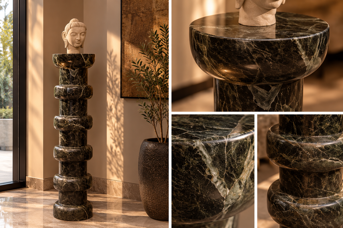 Close-up gallery collage highlighting polished dark marble veining and stacked sculptural ring details of Noir Ritmo tall pedestal