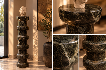 Close-up gallery collage highlighting polished dark marble veining and stacked sculptural ring details of Noir Ritmo tall pedestal