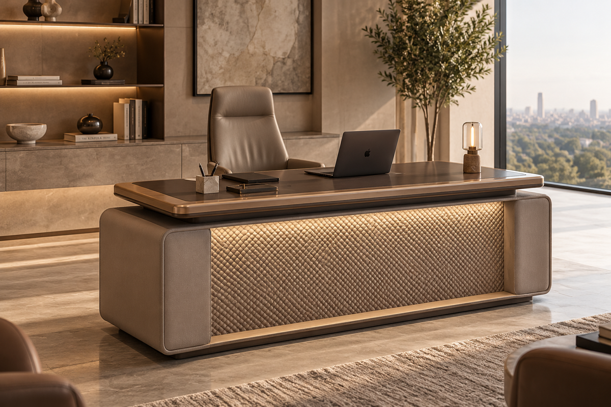 Novara illuminated executive desk in luxury modern office with rounded taupe base, dark floating top and warm glowing diamond-pattern front