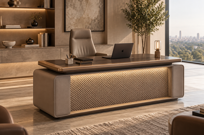 Novara illuminated executive desk in luxury modern office with rounded taupe base, dark floating top and warm glowing diamond-pattern front