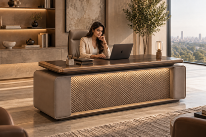 Novara executive MD office desk styled with Indian businesswoman working at a laptop in a premium contemporary cabin