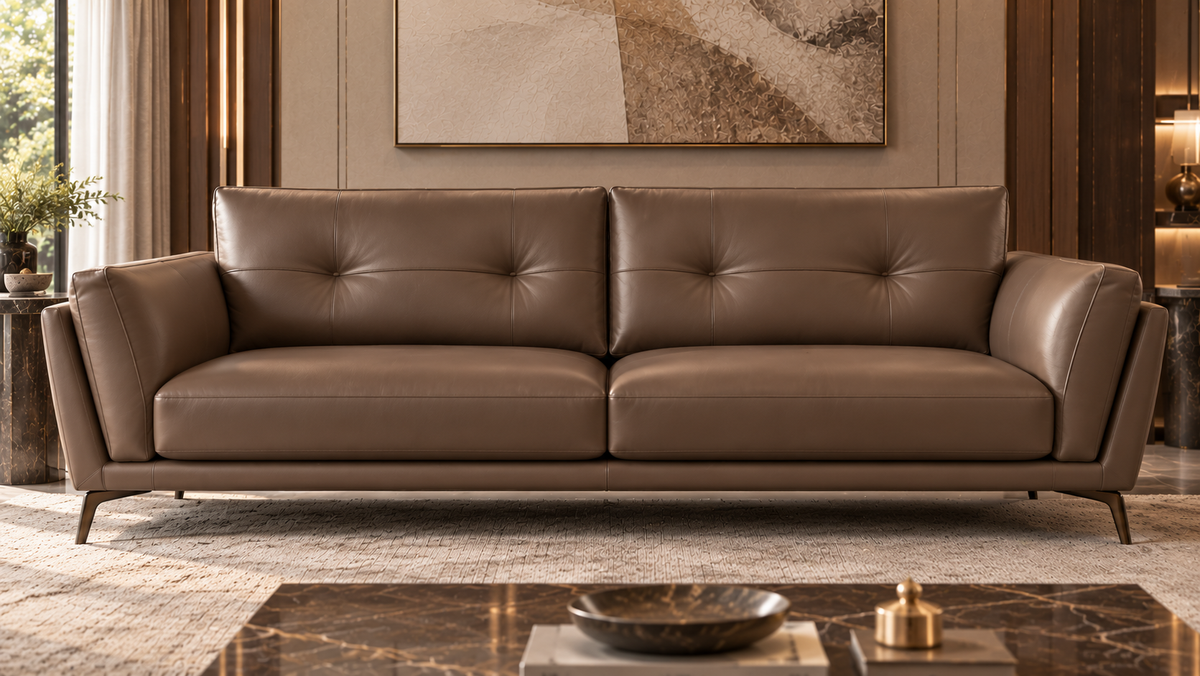 Rovelle pure leather sofa three-seater close-up showing two button-tufted back cushions, smooth seat and slim metal legs