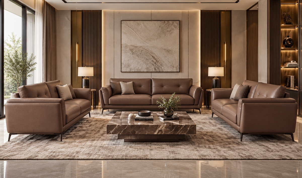 Rovelle three-piece pure leather sofa set in granite brown in a formal luxury living room with marble coffee table