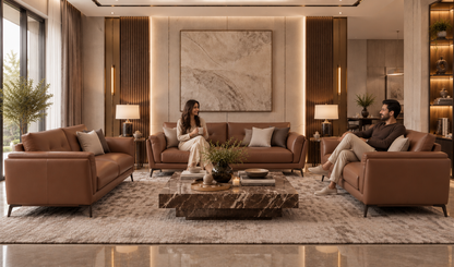 Rovelle Granite genuine leather sofa set with two people enjoying a relaxed conversation in a luxury living room