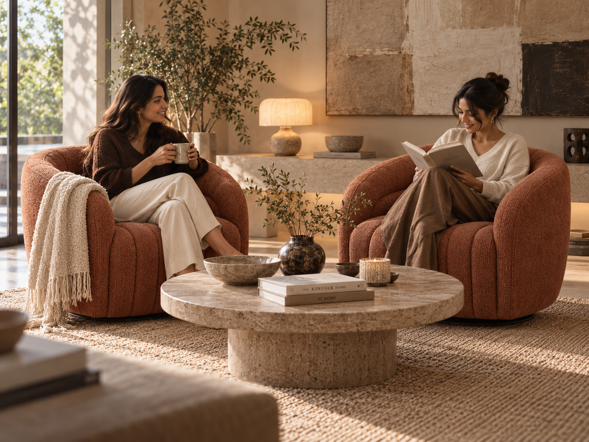 Pair of Sorrento terracotta swivel armchairs with women relaxing in a modern minimalist living room