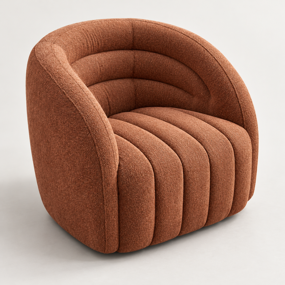 Sorrento terracotta luxury swivel armchair featuring curved back and channelled seat on a clean background