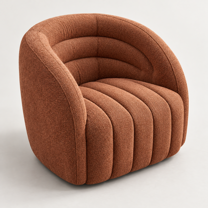 Sorrento terracotta luxury swivel armchair featuring curved back and channelled seat on a clean background