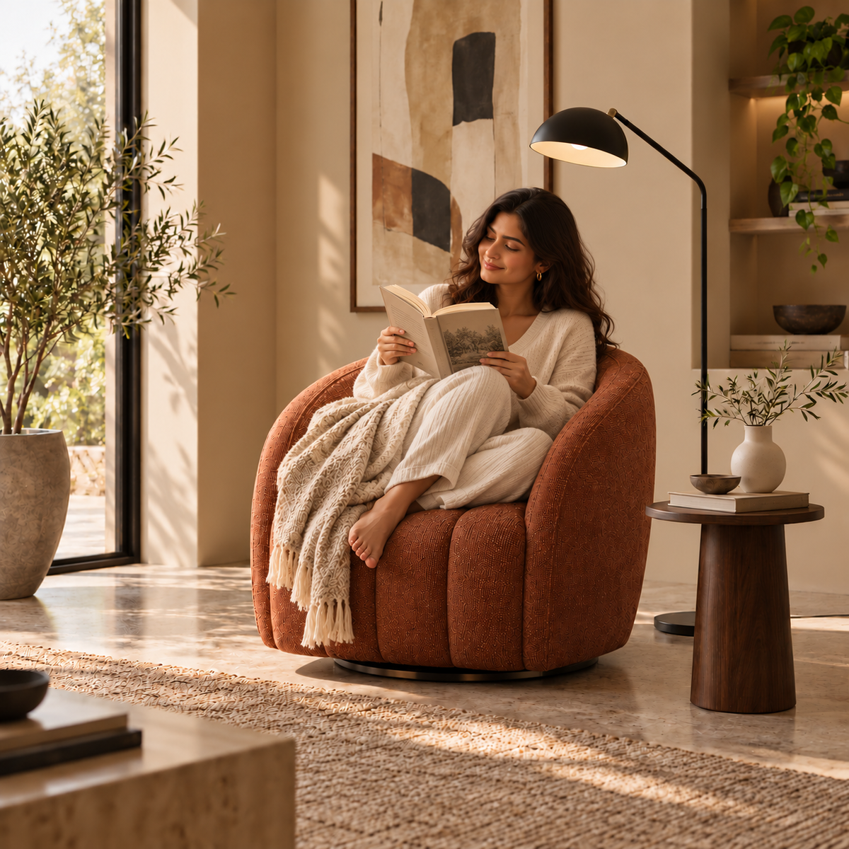 Sorrento rust terracotta 360 swivel armchair with woman reading a book in a luxury lounge