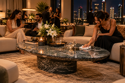 Woman wiping a drink spill on the Verde Arco centre table at an evening party; illustrative care scene