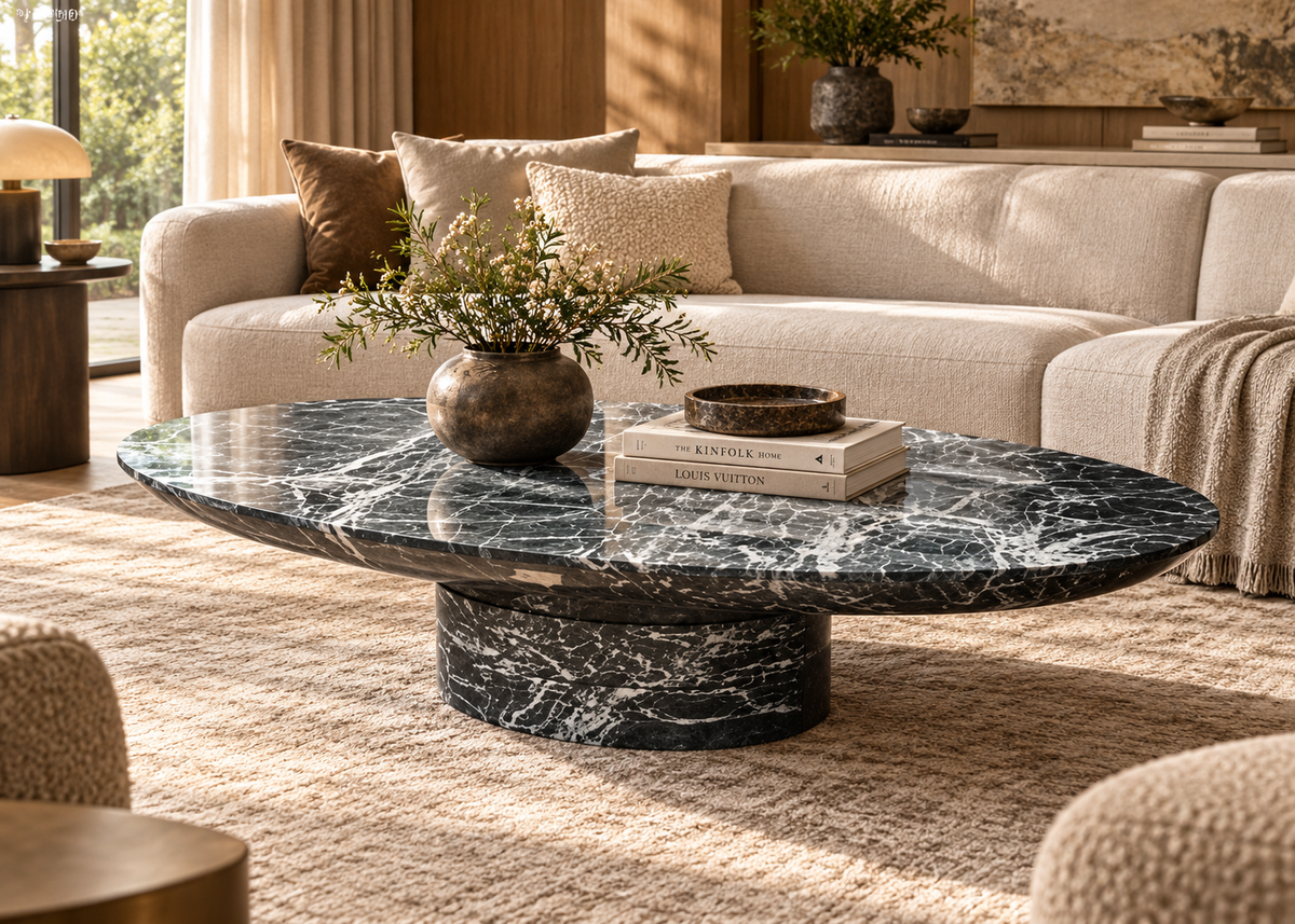 Verde Arco oval dark green marble centre table with white veining and pedestal base in a luxury cream living room
