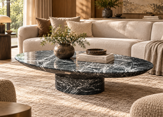 Verde Arco oval dark green marble centre table with white veining and pedestal base in a luxury cream living room
