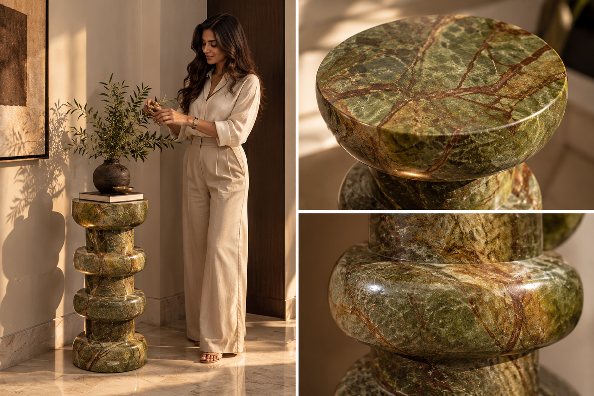 Verde Ritmo stone pedestal collage showing full height, glossy stacked rings and close-up of green and brown veins