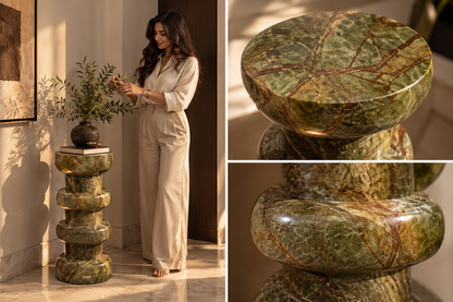 Verde Ritmo stone pedestal collage showing full height, glossy stacked rings and close-up of green and brown veins