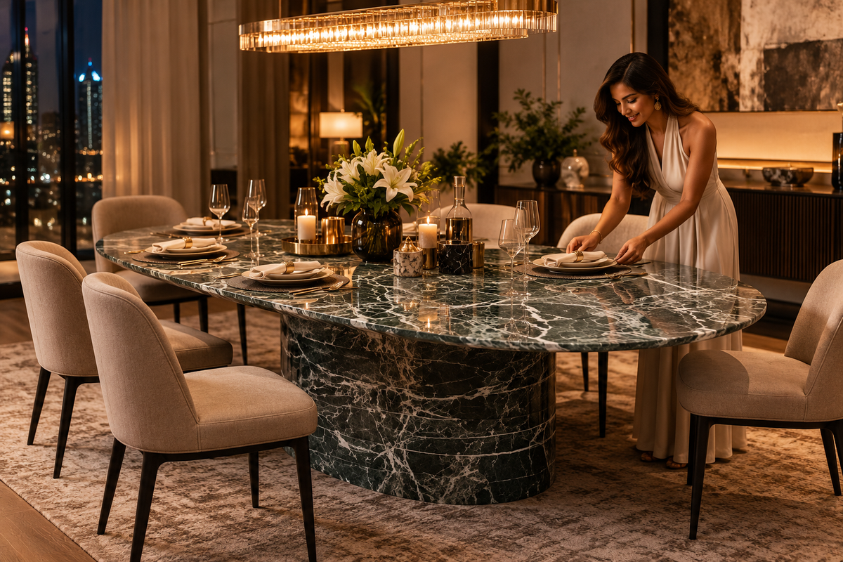 Luxury oval dark green marble dining table styled for an evening dinner with white flowers candles and guest arranging place setting