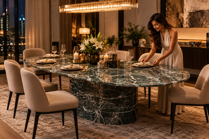 Luxury oval dark green marble dining table styled for an evening dinner with white flowers candles and guest arranging place setting