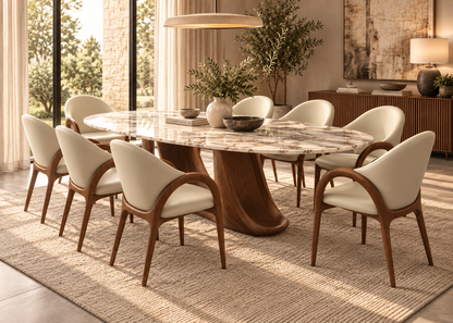 Eight Ayla Dining Chairs around an eight-seater marble dining table