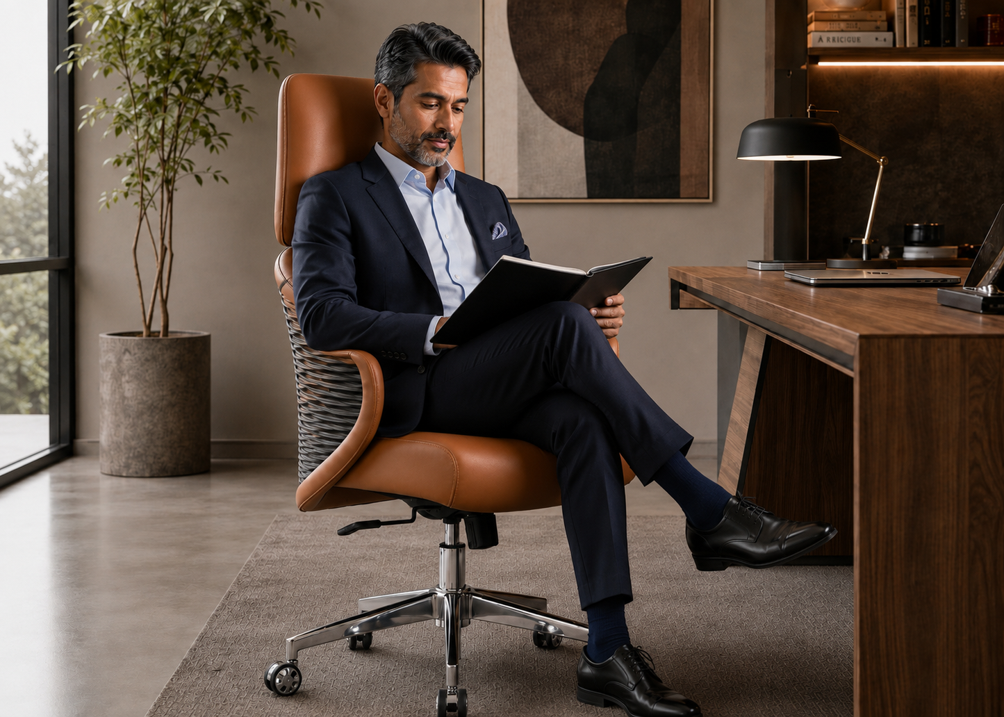 A man in a navy blue suit sits in a brown leather office chair, holding a tablet in a modern, well-lit home office setting.