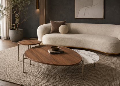 Modern living room with a beige sofa, wooden coffee table, and decorative items.