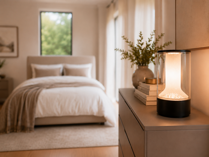 A modern cylindrical table lamp with a black base and clear glass shade glowing warm yellow, styled on a gray dresser in a softly lit bedroom.