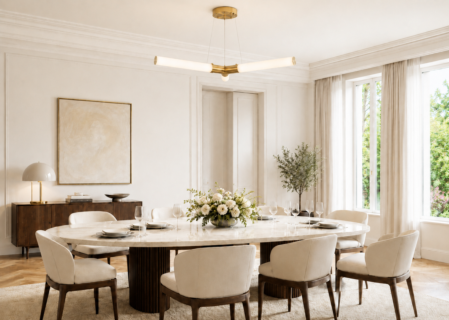 A modern dining room featuring a round marble-top dining table with a dark wood pedestal base, surrounded by eight upholstered dining chairs in a warm neutral palette. The room is decorated with a floral centerpiece, a sideboard with a lamp and framed art, and tall windows with sheer curtains.