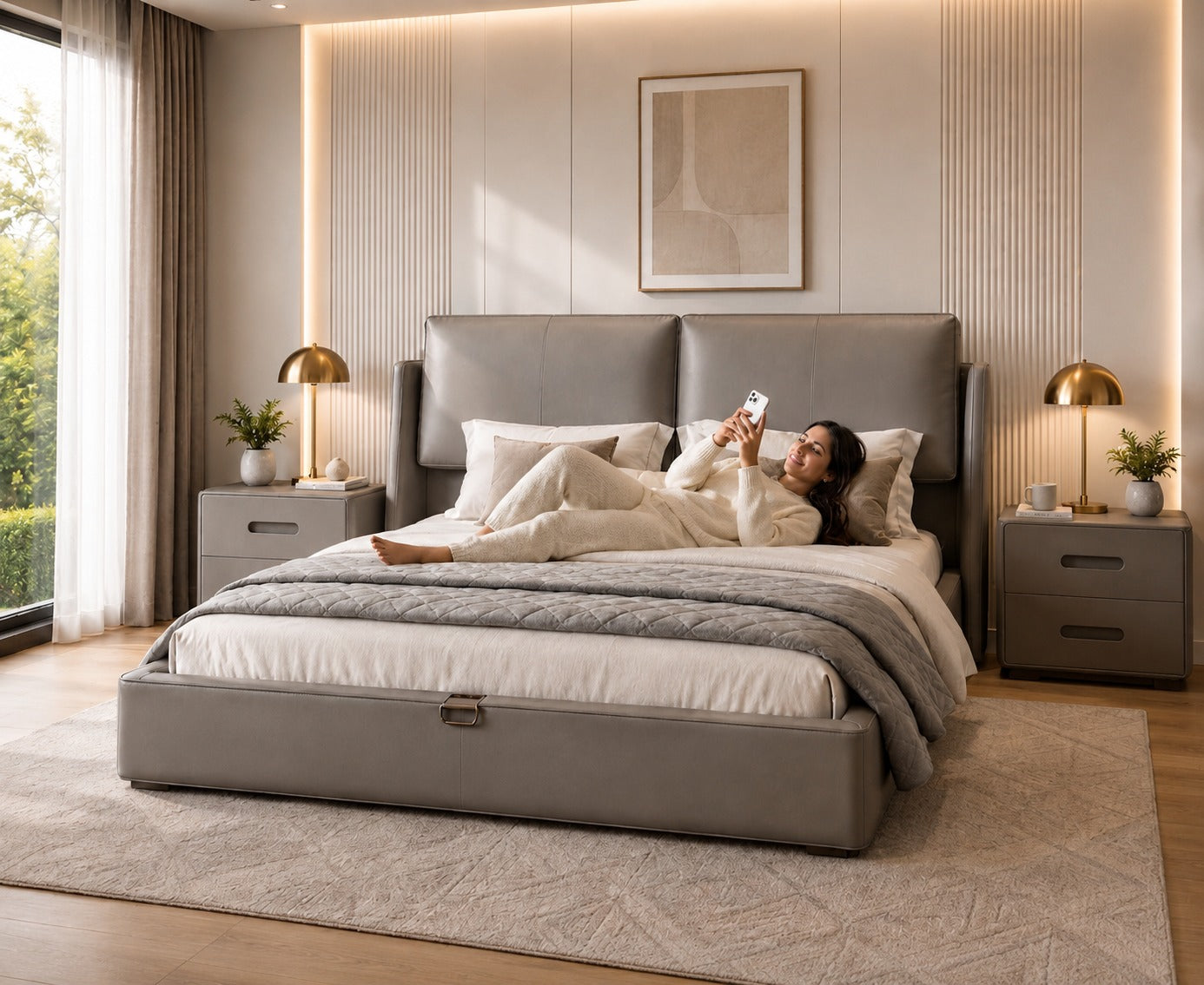 A woman relaxes on a modern gray upholstered bed in a styled bedroom. The bed has a low storage footboard, white bedding, and a gray throw blanket.