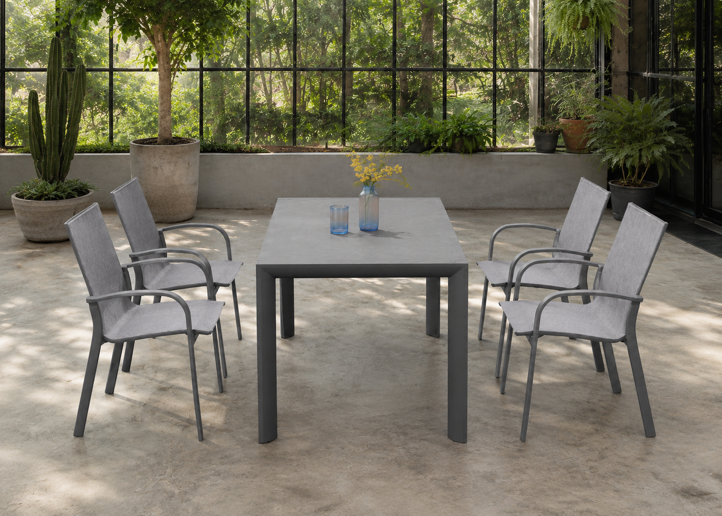 Bagota table in Bogotá Greenhouse Patio – elevated front view