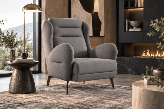 Barcelona Armchair in grey upholstery styled in a dramatic contemporary luxury living room