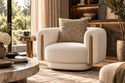 Bari Armchair styled in a warm luxury living room with cream upholstery and brass details